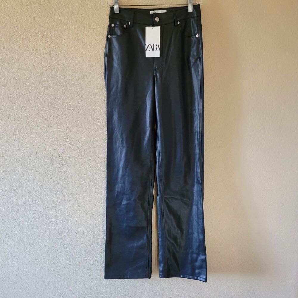 Zara Womens The 90s Straight Leg Pants Size 2 Faux Leather Black High Rise Nwt